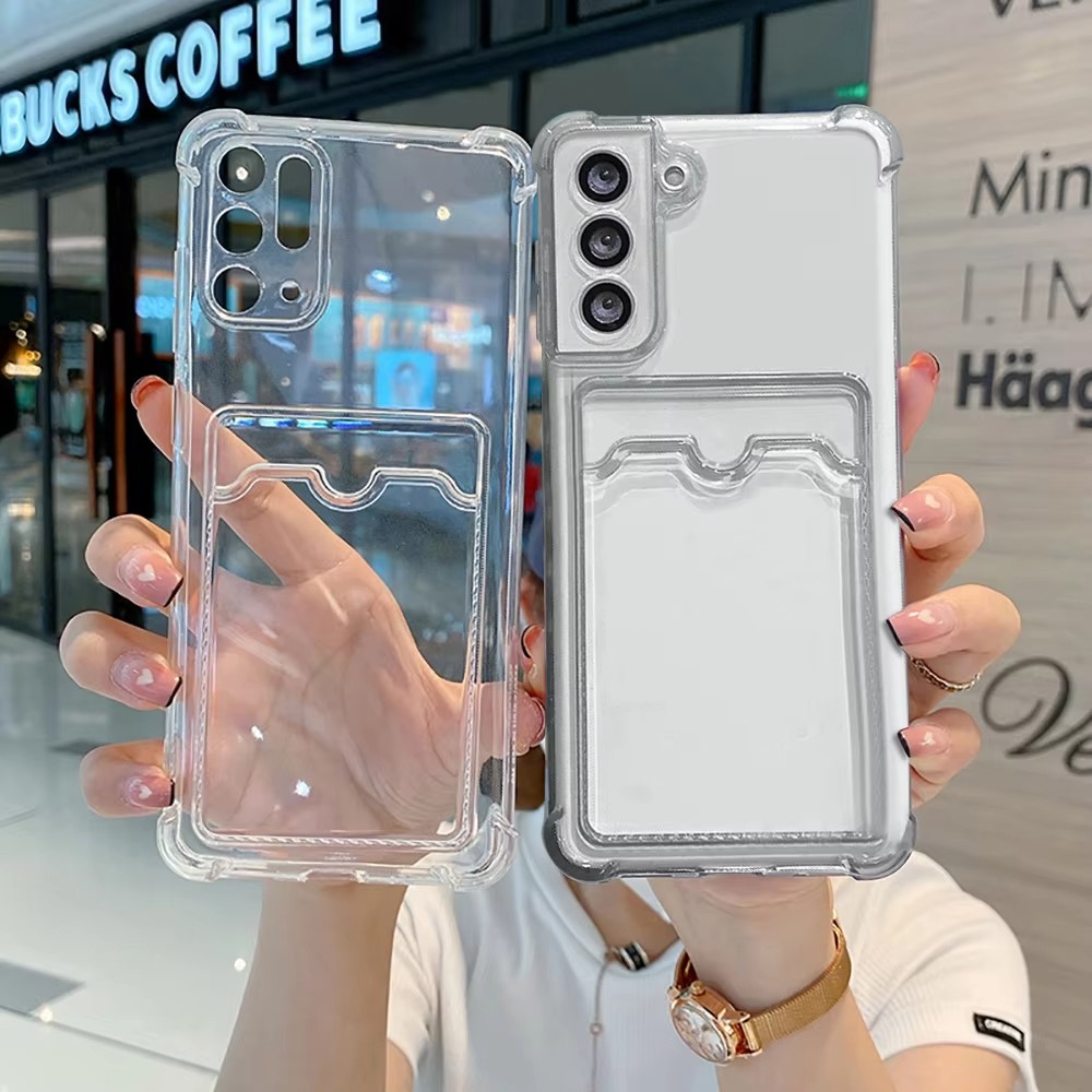 Clear Shockproof Bumper Case - Clear Silicone Card Slot Holder Phone