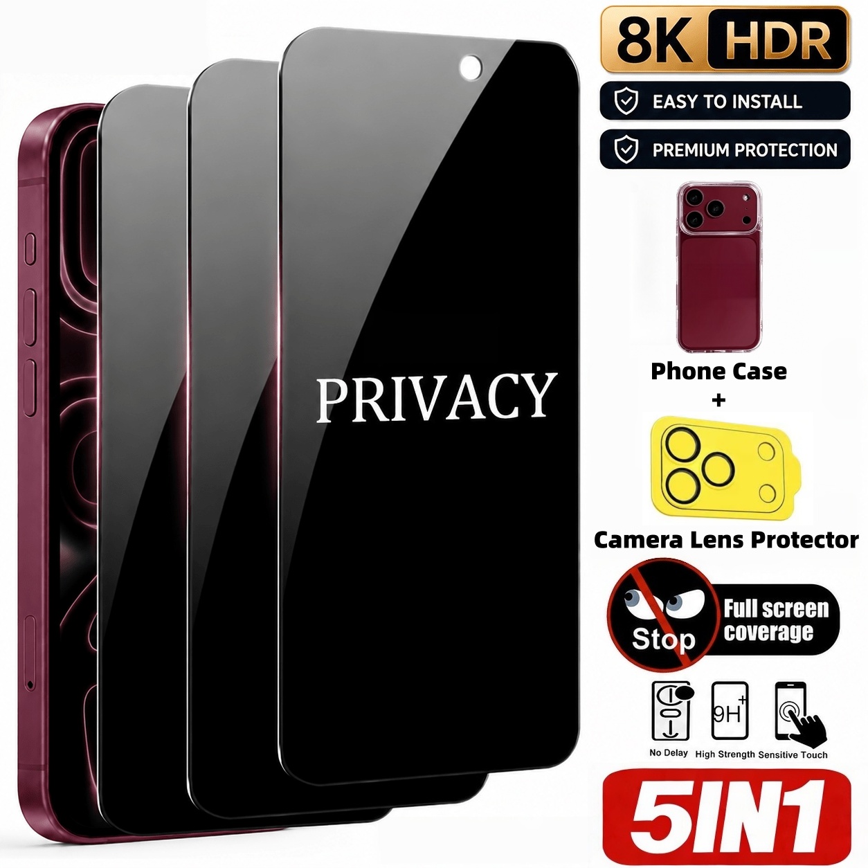 [5 Pcs Set] 3 Pcs Privacy Temp - Anti Spy Privacy Glass Case 评论和价格